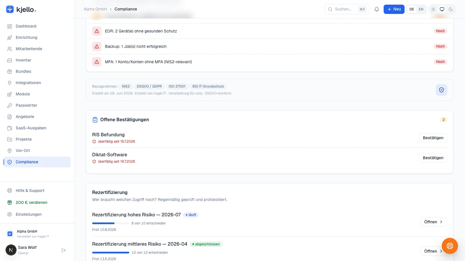 Offboarding-Nachweis im kjello-Portal: Compliance-Ansicht mit offenen Bestätigungen und Fristen zum Austritt