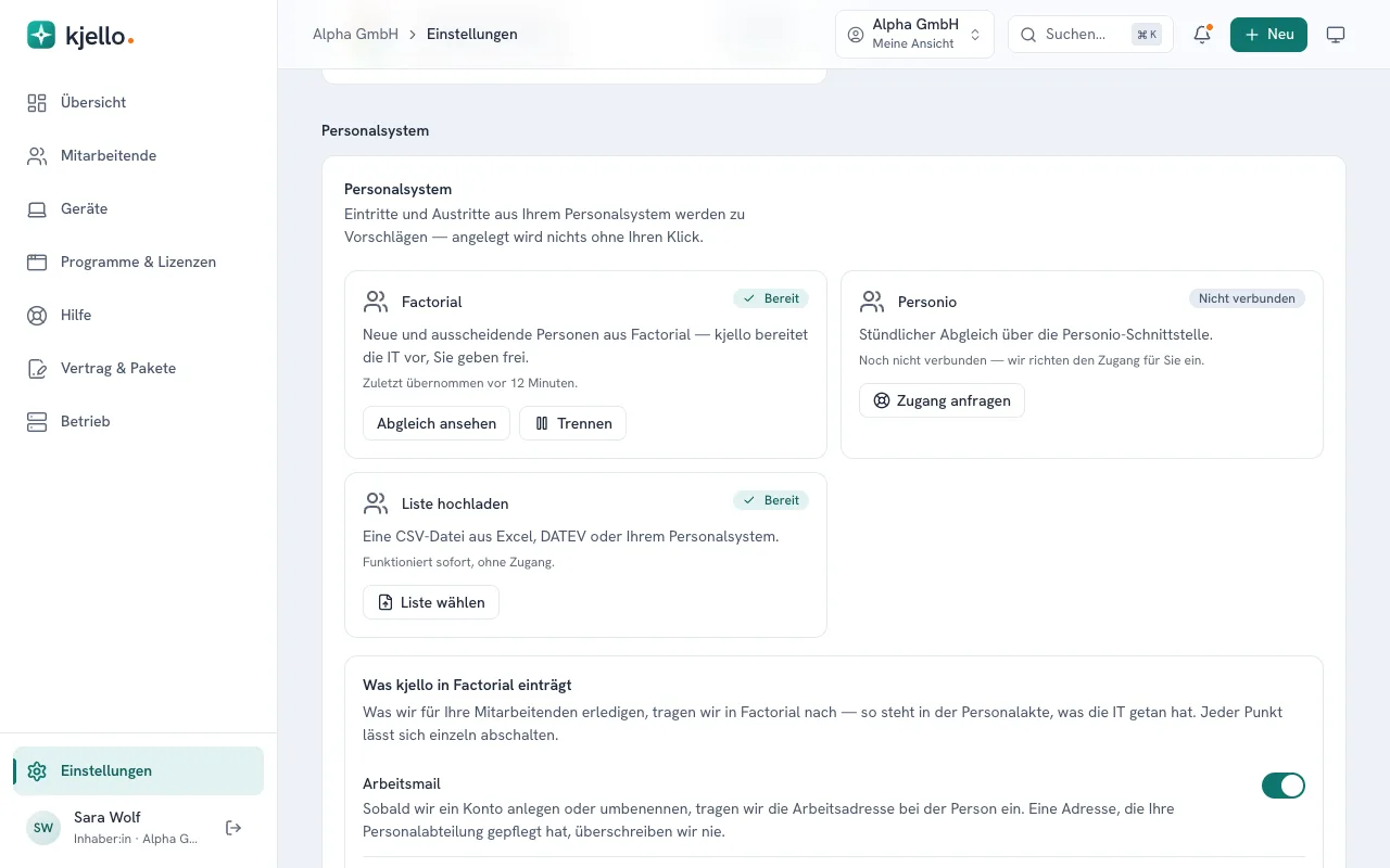 kjello-Portal: Einstellungen, Integrationen, Seitenblatt „Factorial verbinden“