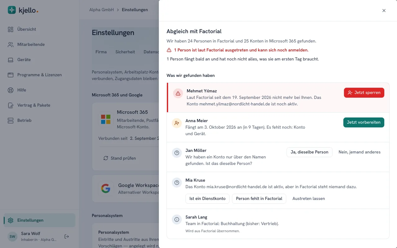 kjello-Portal: Erstabgleich nach dem Verbinden mit Factorial, je Befund ein Knopf zur Lösung