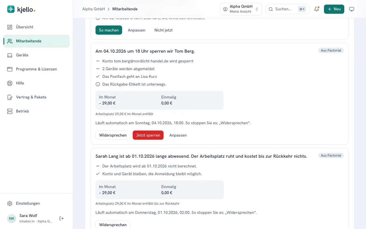 kjello-Portal: Ankündigung eines Austritts mit Zeitpunkt, Liste und dem Knopf „Widersprechen“