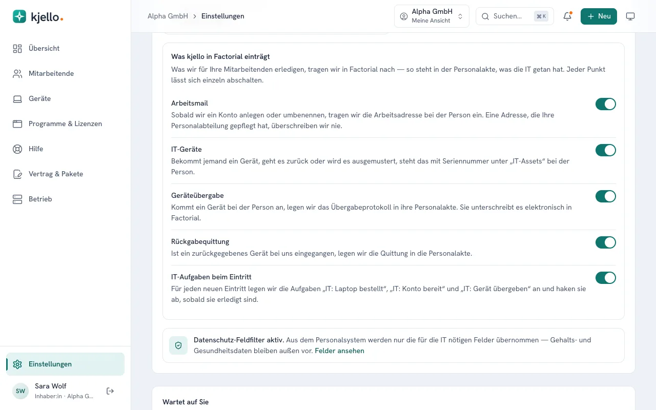 kjello-Portal: Übersicht, was kjello in Factorial einträgt – IT-Asset, Geräteübergabe, Arbeitsmail und IT-Aufgaben
