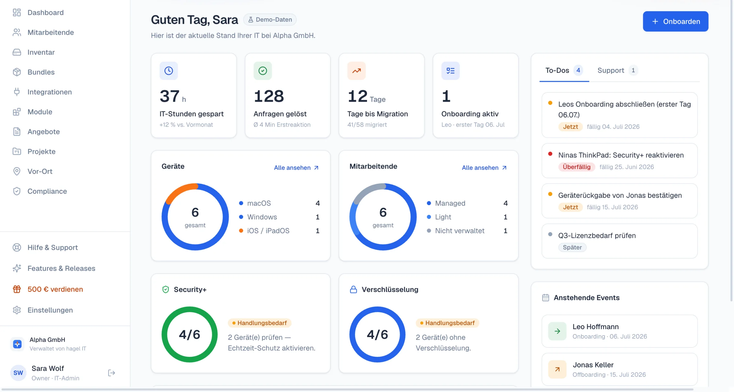 Self-Service-Portal von kjello: Dashboard mit offenen Anliegen, Geräte-Inventar und Aufgaben an einem Ort