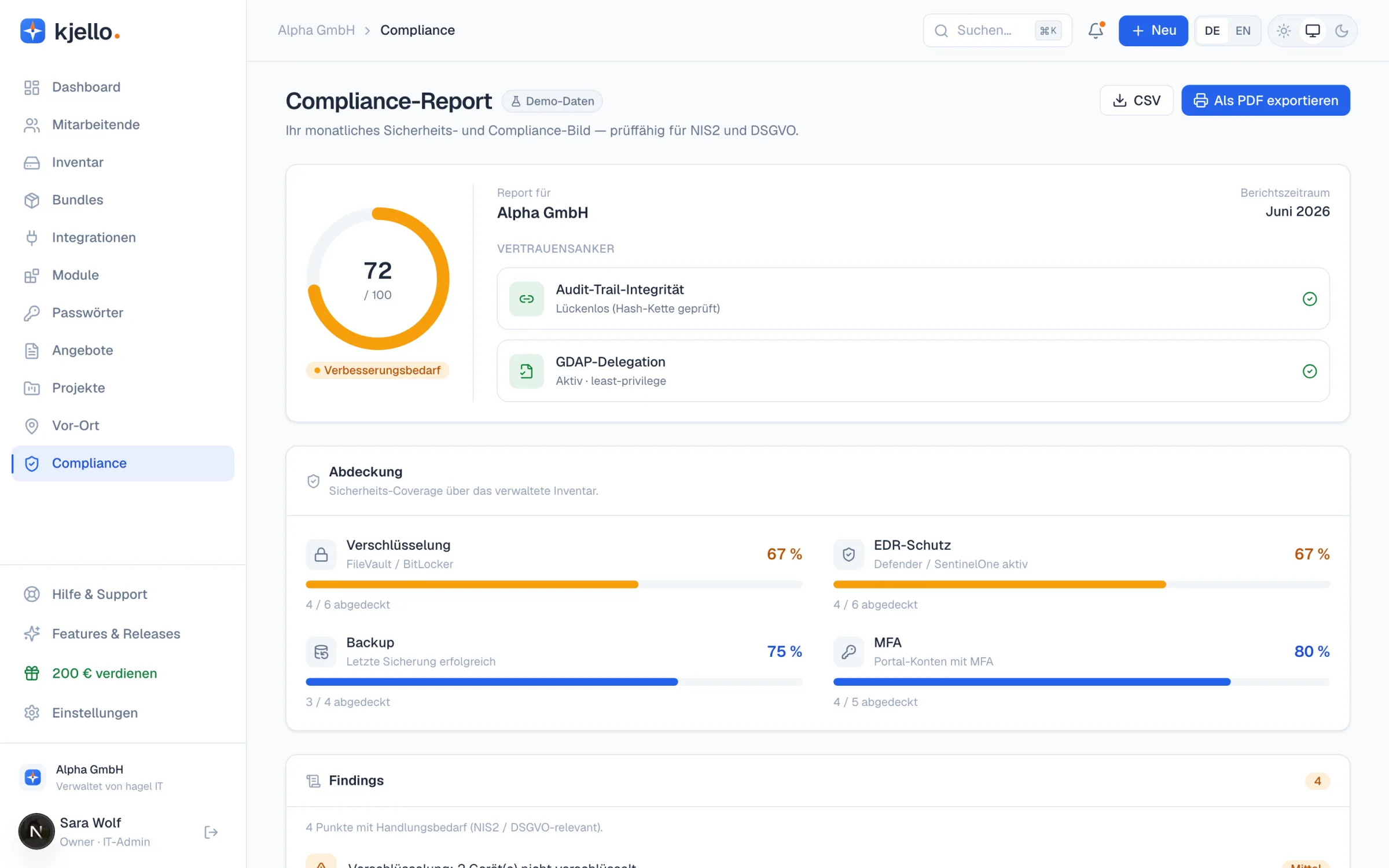kjello-Portal: Compliance-Report mit Sicherheits-Score, Verschlüsselung, EDR, Backup, MFA und Audit-Trail – prüffähig für NIS2 und DSGVO