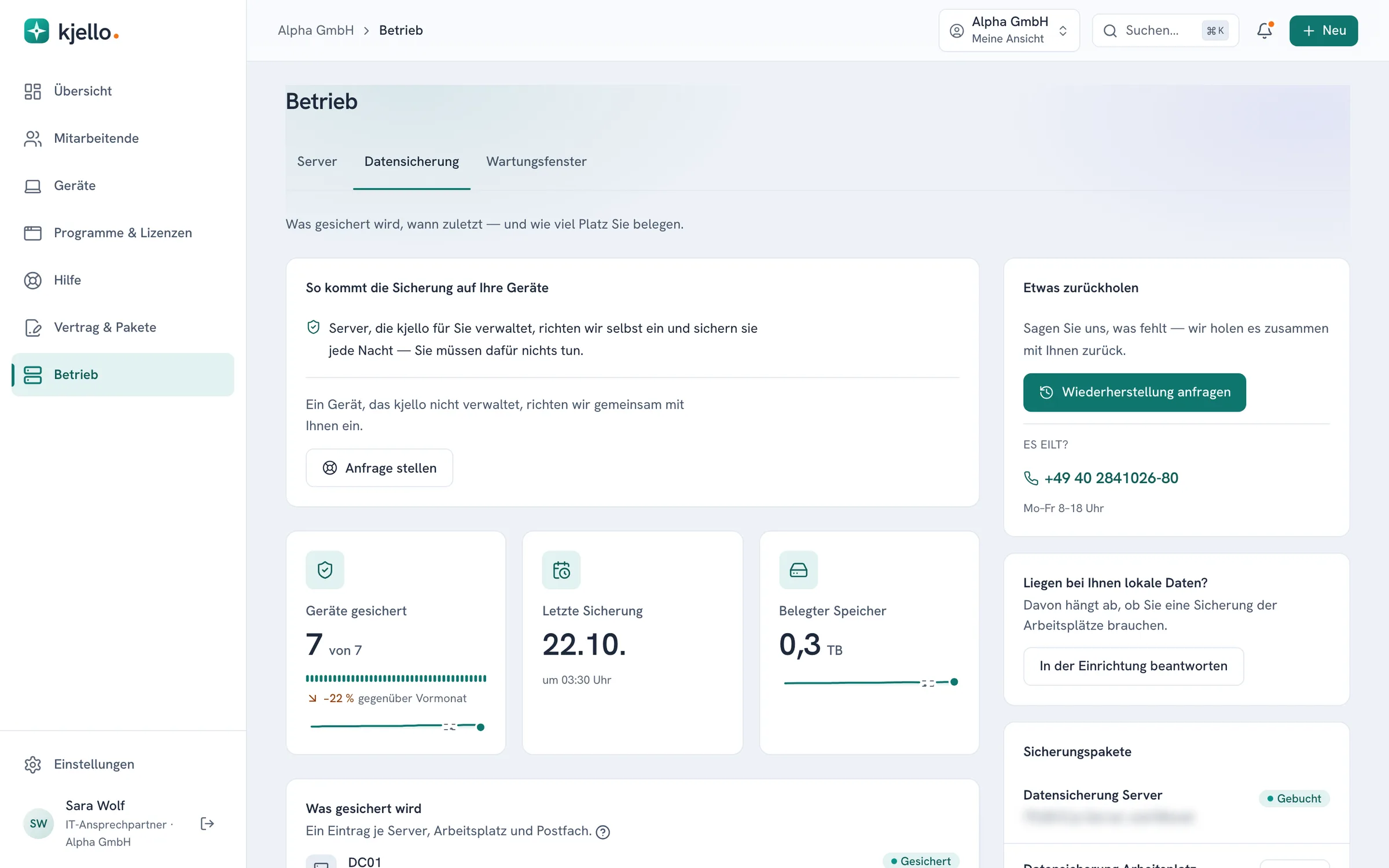 kjello-Portal: Datensicherung – welche Geräte gesichert sind, wann zuletzt und wie viel Platz sie belegen