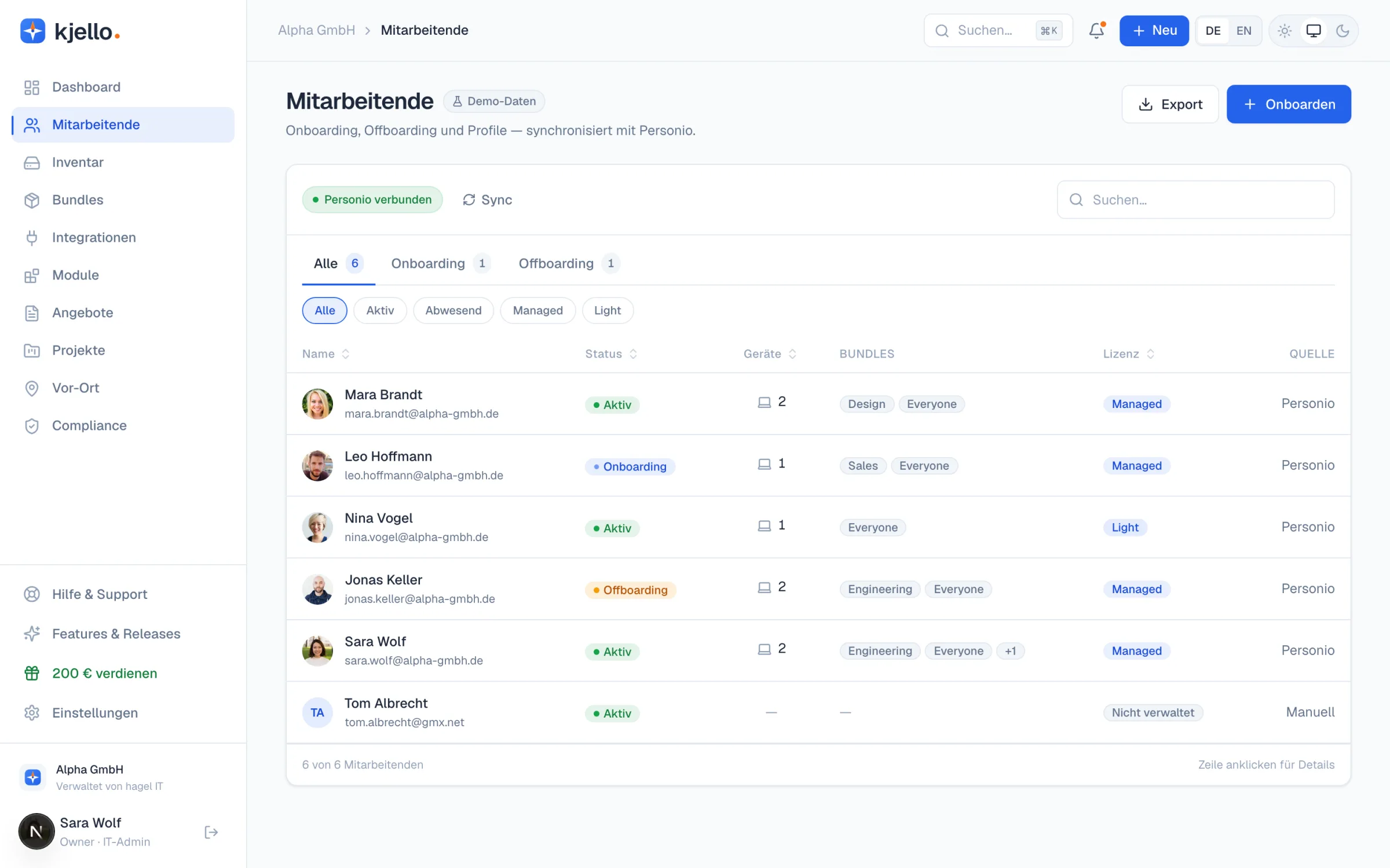 kjello-Portal: Mitarbeitenden-Übersicht mit Onboarding- und Offboarding-Status, Bundles, Lizenz und der Quelle Personio je Person